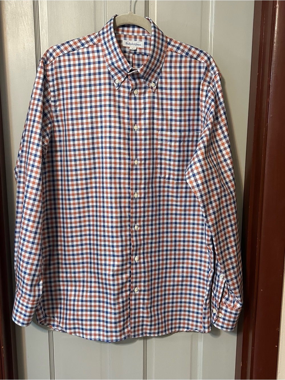 Bullock & Jones Long Sleeve Buttondown Shirt Gingham Orange Navy Preppy Size L - Picture 3 of 8